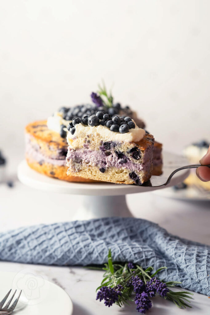 Saftiger Blaubeerkuchen mit Joghurt, Stück auf einer Tortenschaufel